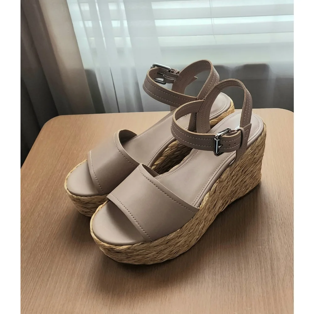 Marc Fisher Women Braided Raffia Chunky Platform Sandals 9.5 M Tan Beige